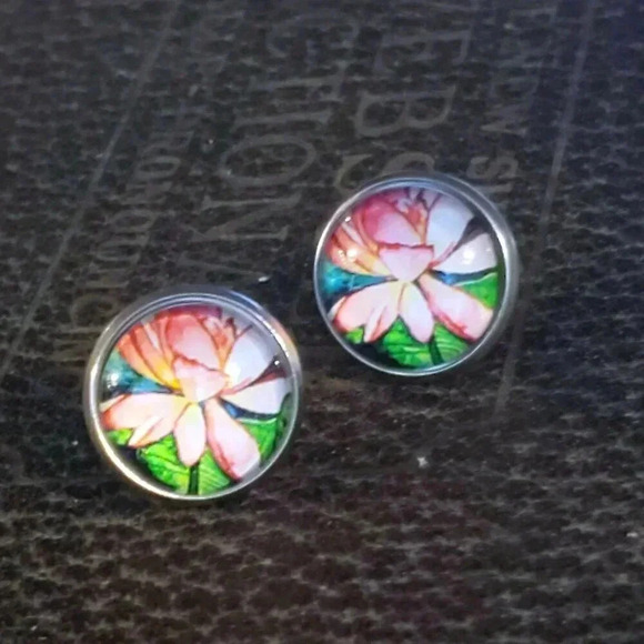 Lotus Flower Zen Garden Pink Green Antiqued Brass Stud Handcrafted Earrings - Picture 5 of 8